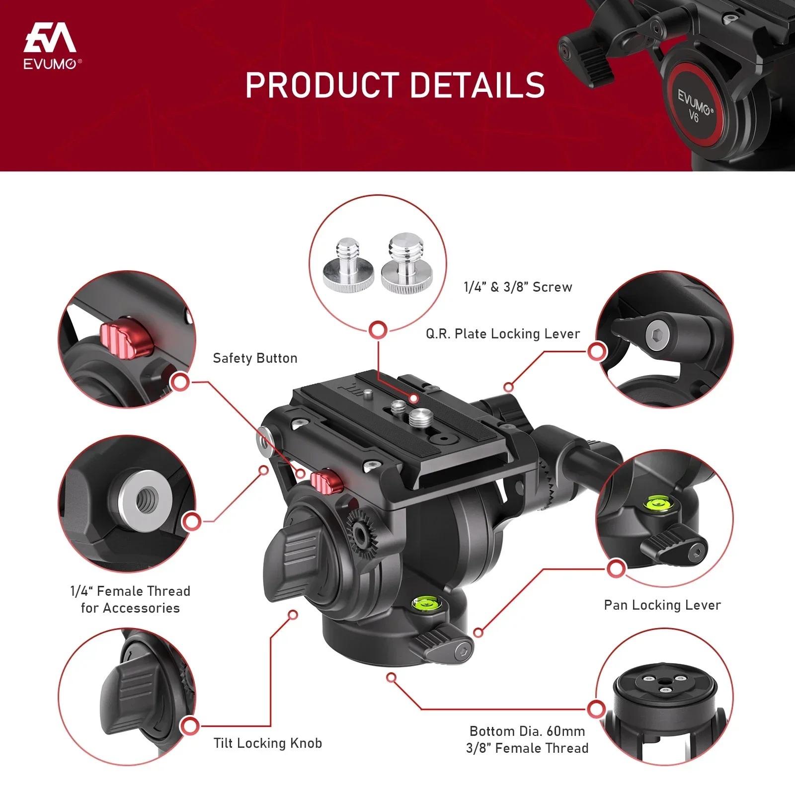 EVUMO V6 Tripod Head Hydraulic Pan Tilt Video Head Fluid Panoramic Shooting for Camera Tripod Monopod Slider Q.R Plate Load 8kg