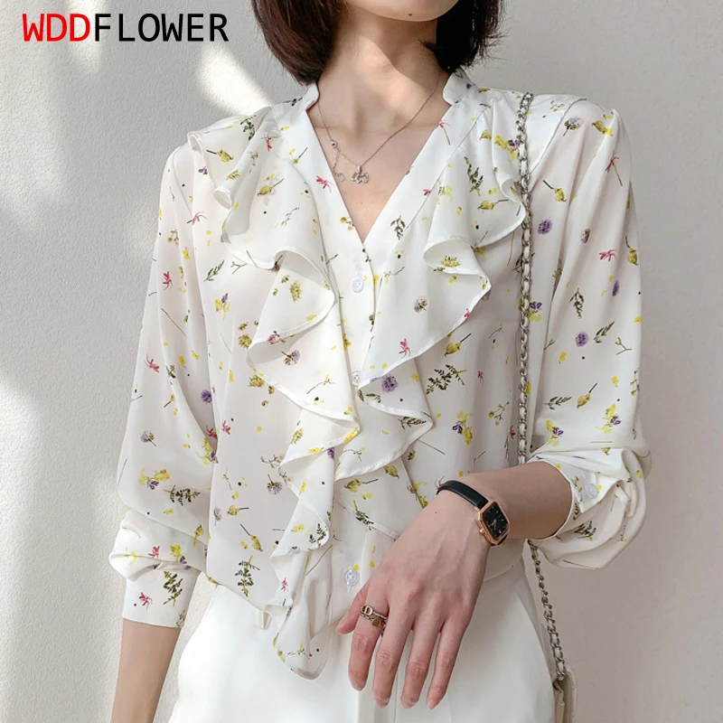 

Women Silk Shirt 100% Mulberry Crepe Silk white floral printed ruffles V neck long sleeve Top Blouse office work MM224