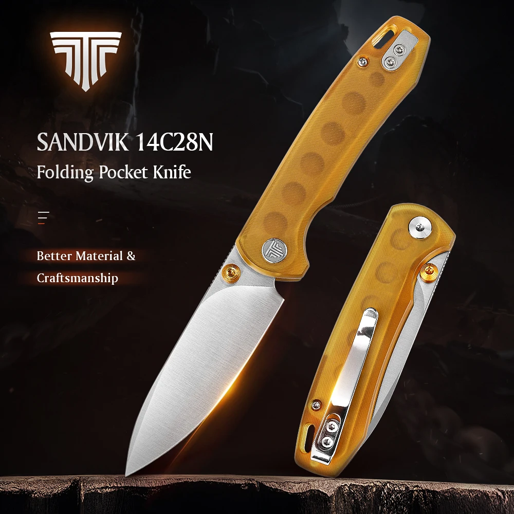 TRIVISA Folding Pocket Knife, EDC Tool, with Yellow PEI Handle, Small Camping Knives, Hiking Survival Knives Knife, 14C28N Blade