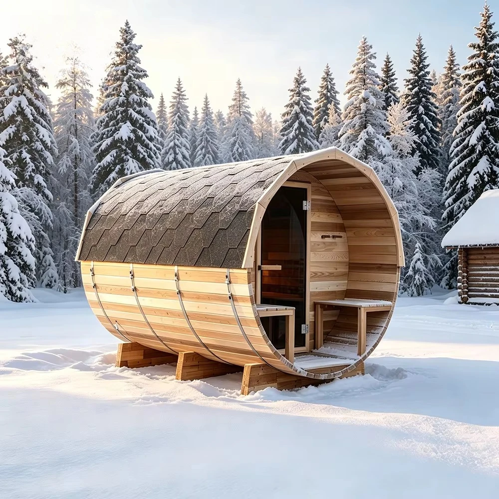 Red Cedar Barrel Sauna Insulated Outdoor Porch Rear Panoramic Glass ETL WiFi Europe Customize