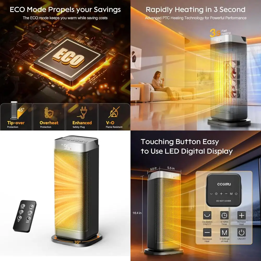 

1500W Oscillating Ceramic Heater with Remote Control for Safe Indoor Heating