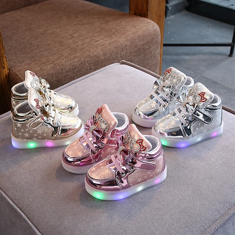 Kids Baby Infant Girls Crystal Bowknot LED Luminous Shoes Sneakers Butterfly Knot Cute Casual Wear Little White Baby Girl Shoes