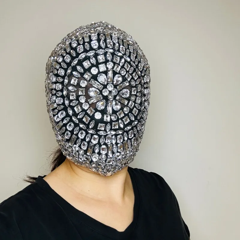 Silver Rhinestone Mask Nightclub Dj Singer Dancer Stage Costume Party Helmet Carniva Rave Wear Luxury Outfit Birthday Party Gift
