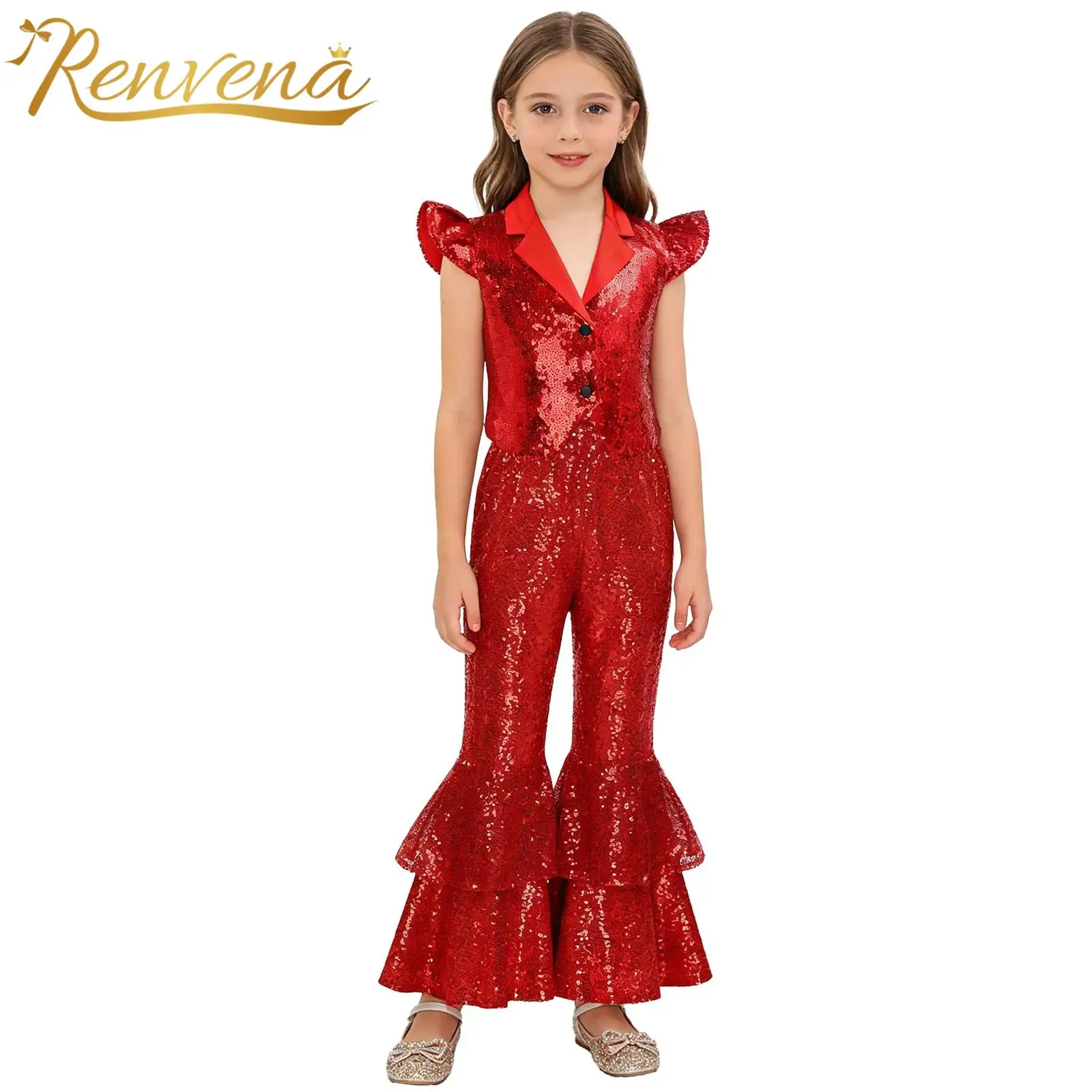 Kids Girls Prom Dance Party Wear Shiny Hip-Hop Pants Street Jazz Dance Costume Crop Vest + Tiered Ruffled Bell Bottom Pants Suit