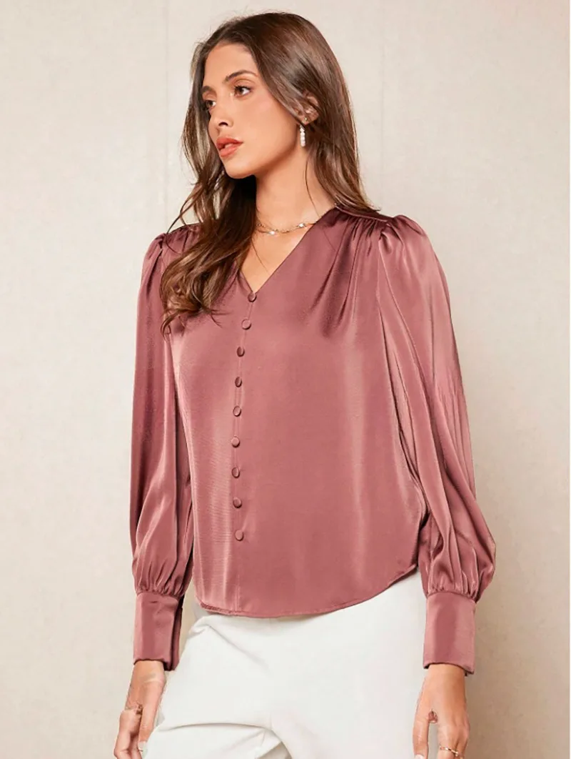 

V-neck pullover top fashion shirt women's color satin commuting style top