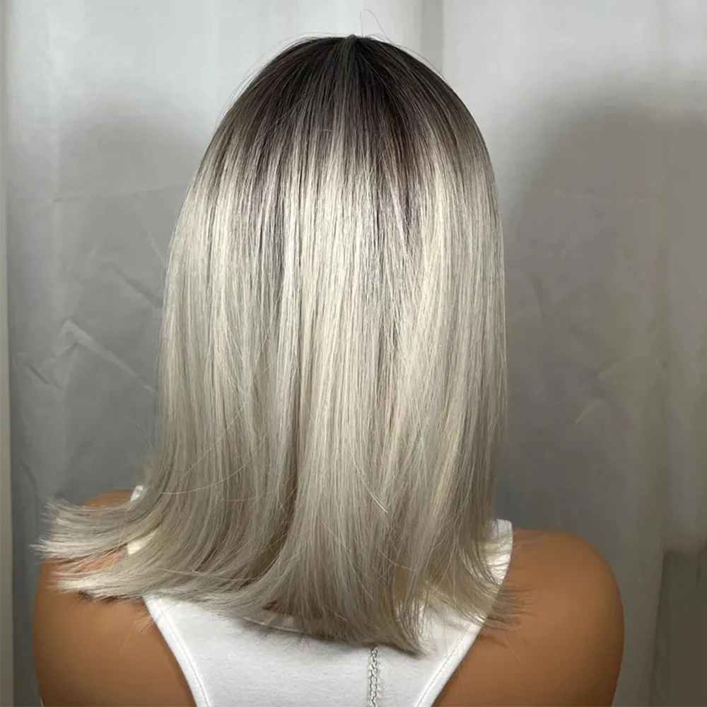 Platinum Blonde Short Wig with Dark Roots Premium Heat Resistant Synthetic Fibers Glueless Wig with Bangs Woman Gift Wig