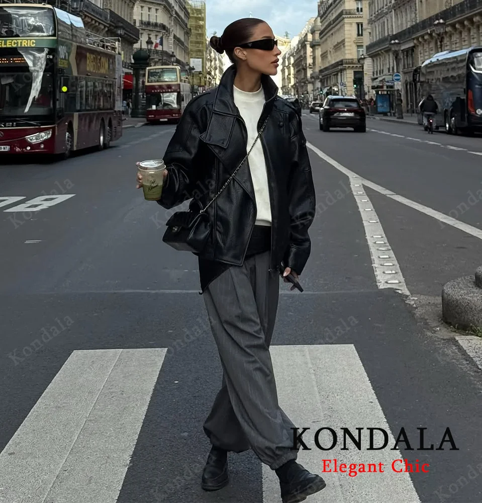 เสื้อแจ็คเก็ตหนังคอตั้ง KONDALA สำหรับผู้หญิง ฤดูใบไม้ร่วง ฤดูหนาว ซิปหนังเทียม PU ทรงหลวม แฟชั่นปี 2025 เสื้อแจ็คเก็ตผู้หญิงสุดหรู