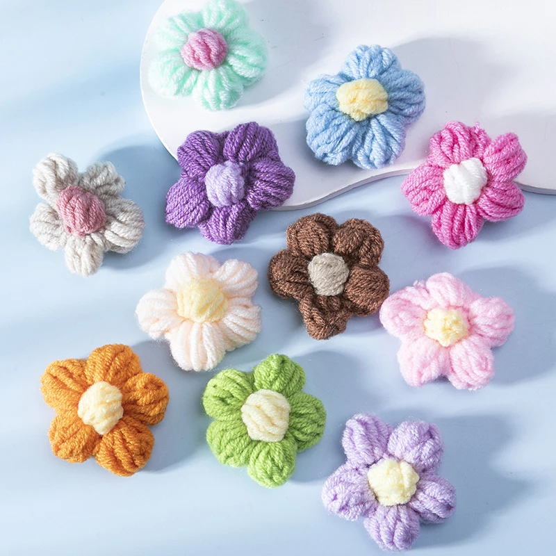 Sweet 10pcs Colorful Hand-Woven Puff Flower Wool Crochet Yarn Textile Flower Handmade Weeding Flowers Clothing Accessories