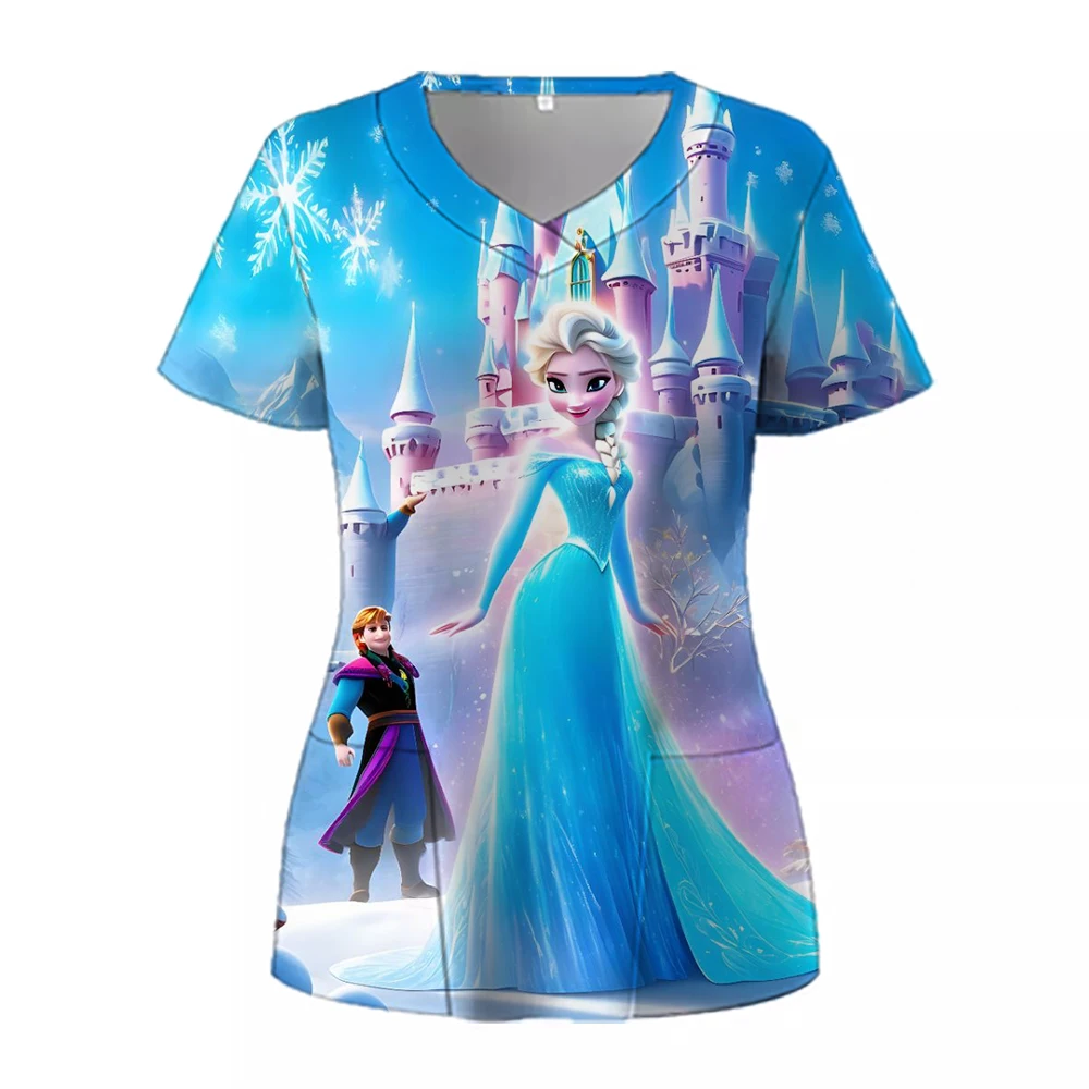 Disney Princess Women's V Neck Nurse Uniform T-Shirt Pocket Summer New Dress Woman Clothing 2024 Cheap Top Y2k S-3XL Kawaii Tops