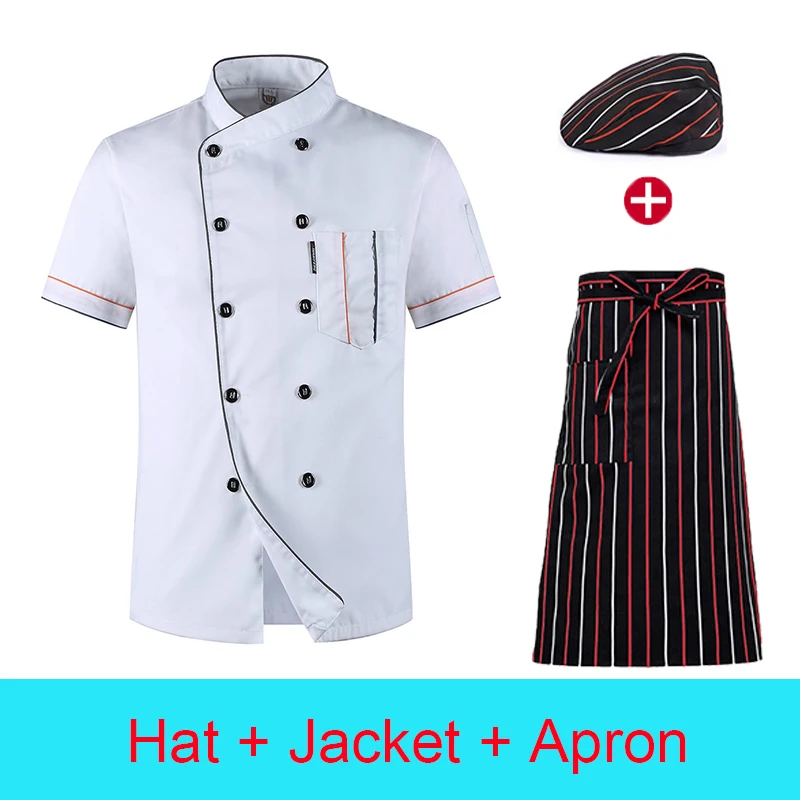 Chaqueta de Chef de manga corta para hombre y mujer, uniforme de cocina, delantal de cocina para Hotel, cafetería, Bar, camarero, ropa de trabajo, gorro de Chef de panadería