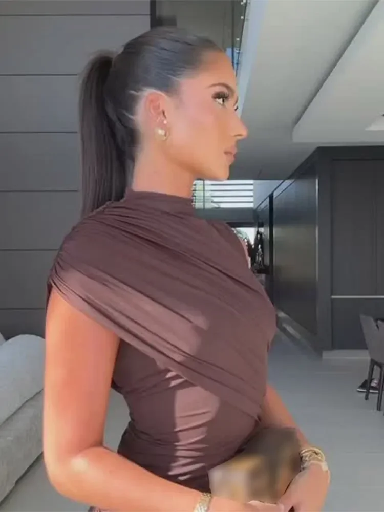 فستان أنيق متين غير منتظم بطيات لعام 2025 للنساء برقبة دائرية وكتف واحد نحيل عالي الخصر فستان نسائي أنيق للحفلات