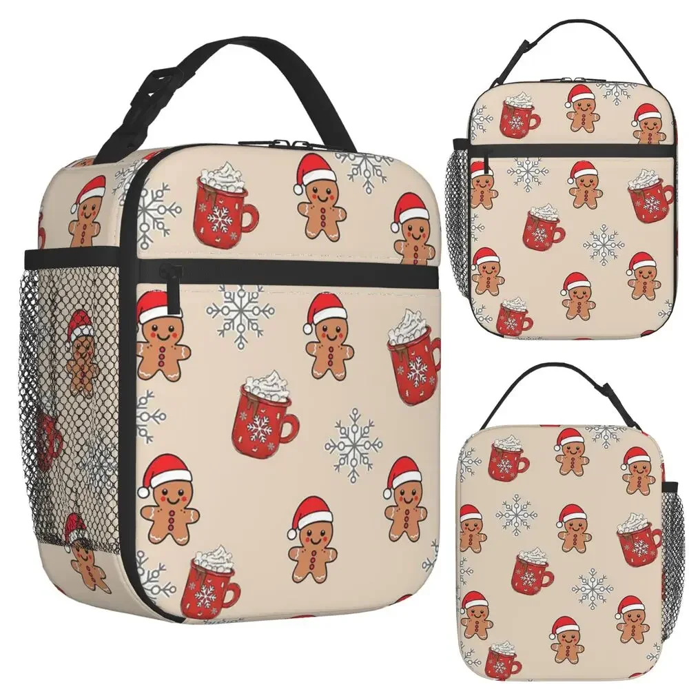 Merry Christmas Tree And Gingerbread Men Insulated Lunch Bag for Women Kids Portable Food Boxes Thermal Lunch Box Tote
