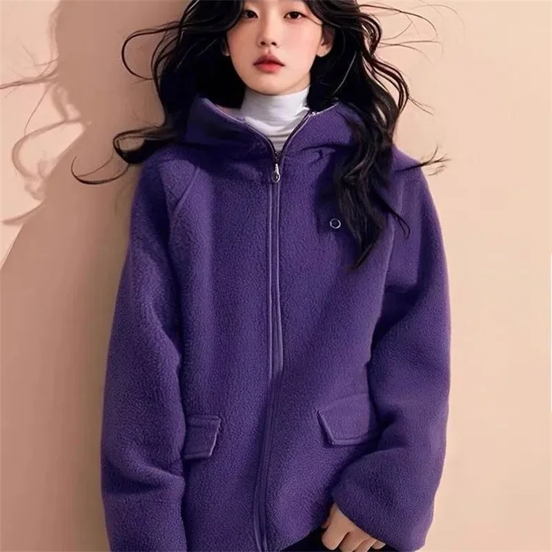 Nowa bluza z kapturem damska na wiosnę, jesień i zimę 2026, ekskluzywna fioletowa bluza z pluszu jagnięcego, luźna, ciepła, gruba kurtka z zamkiem błyskawicznym.