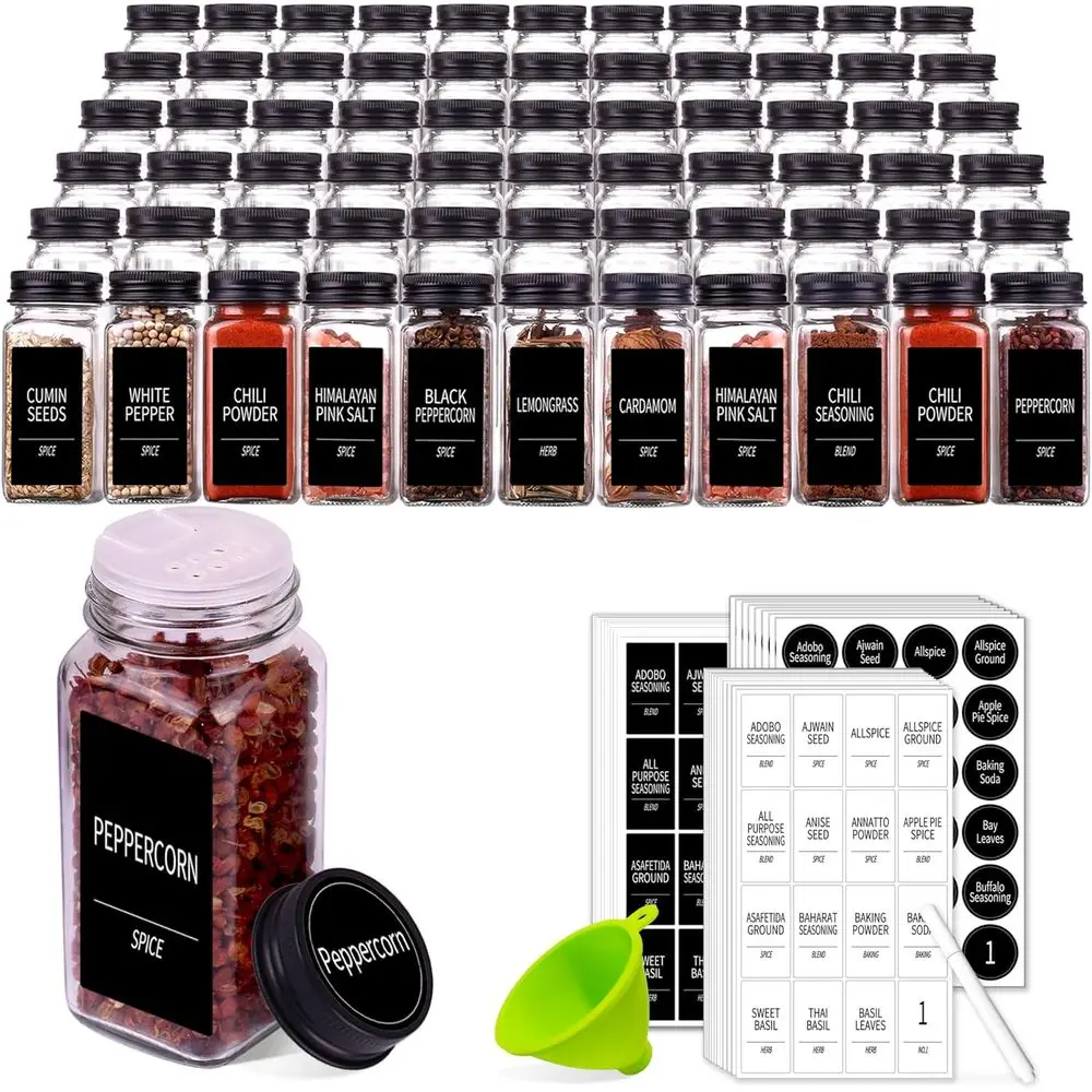 

66 Glass Spice Jars with 547 Labels, 4oz Empty Containers with Shaker Lids, Chalk Pen, Square Seasoning Bottles or Spice Rack