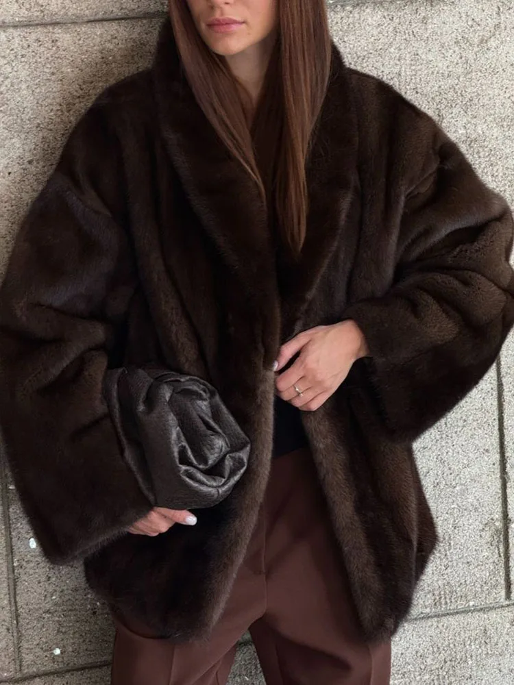 Autumn Winter Women Faux Fur Jacket Chic Elegant Fashion Long Sleeve Waist-Cinching Plush Outerwear Versatile Thicken Warm Coat