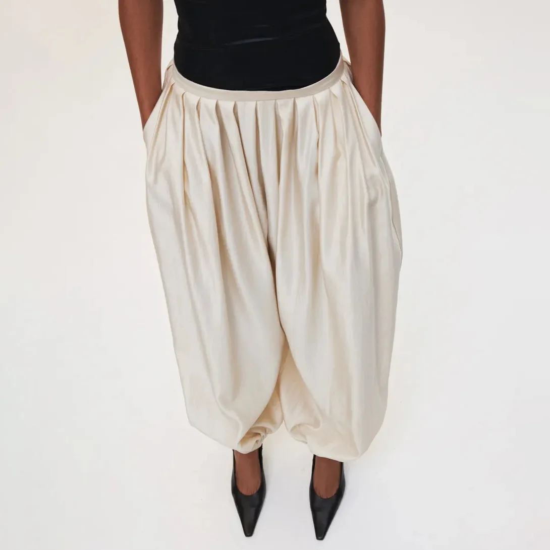 PUAL Luxury Satin Lantern Pants 2025 | High-Waisted Ruched Baggy Trousers | Elastic Cuff Harem Pants | Elegant Loose-Fit Women's