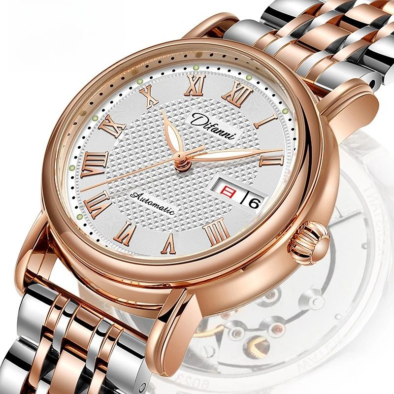 Stainless Steel Roman Dial Day-Date Luminous Waterproof Self-Wind Automatic Mechanical Watch for Women