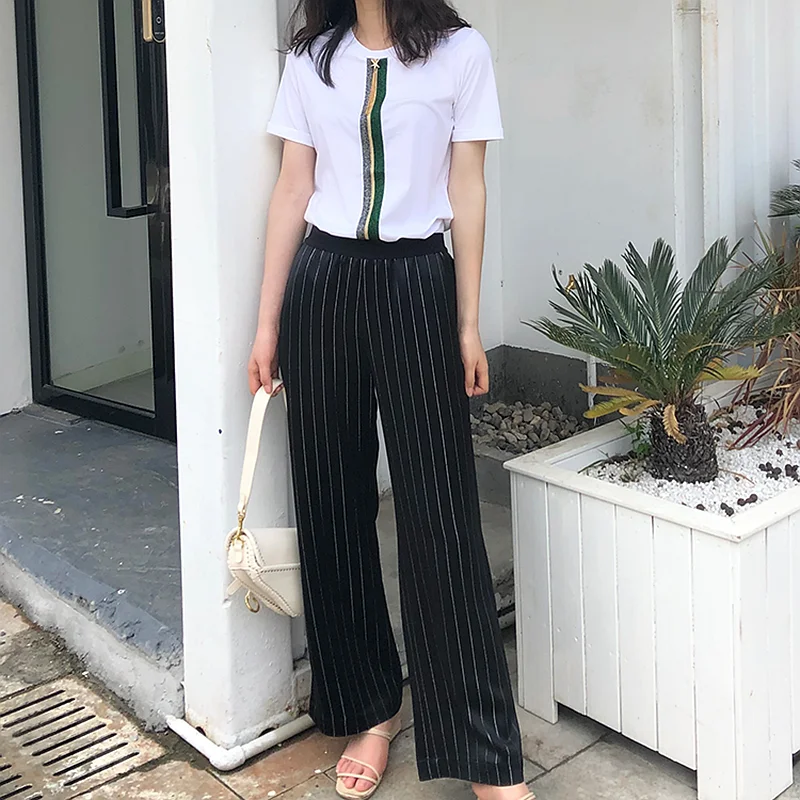 

Новые весенне-летние женские брюки из триацетатного сатина с эластичным поясом, широкими штанинами, гладкие, приятные к телу, для стройности фигуры