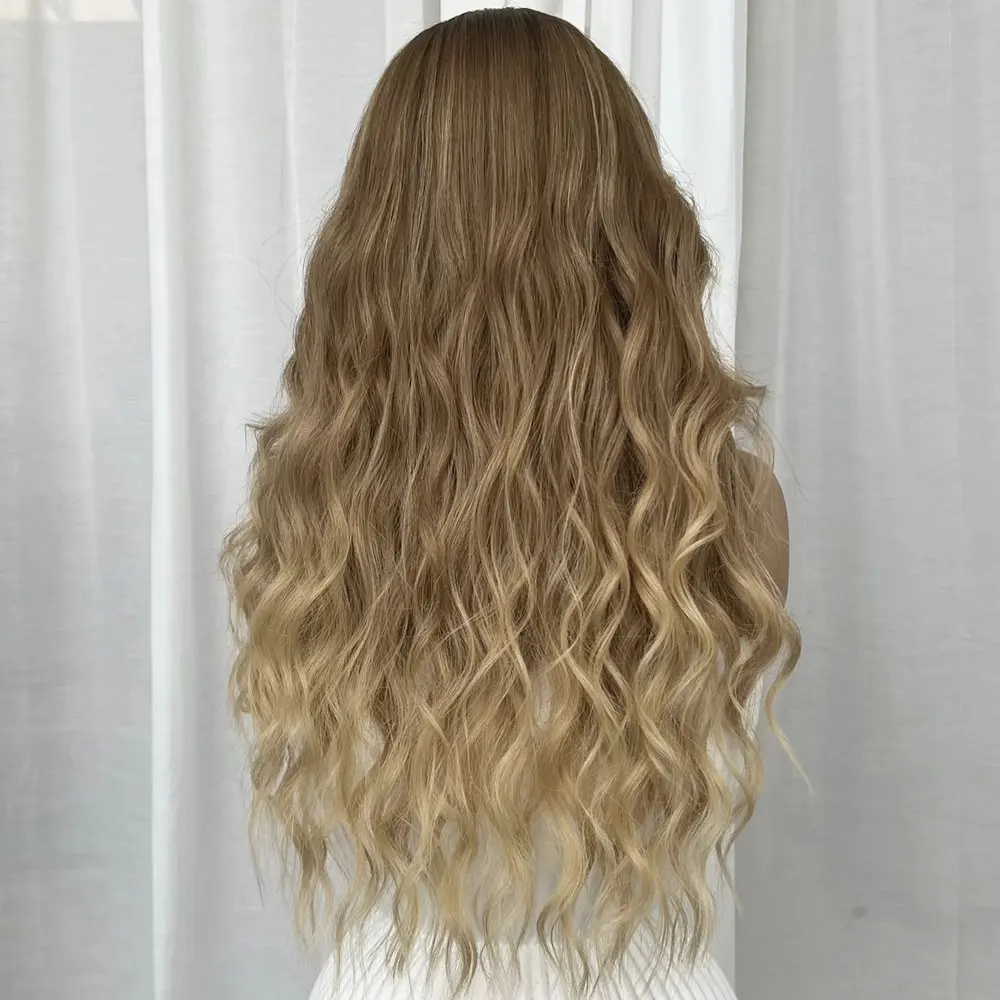 Lange, gewellte, braune, blonde Ombre-Perücken, 1x4-Größe, U-Part-Perücken, ohne Klebstoff, maschinell hergestellt, verstellbar, V-Part-Perücken, aus Remy-Echthaar, einfache Anwendung. – Detail 4
