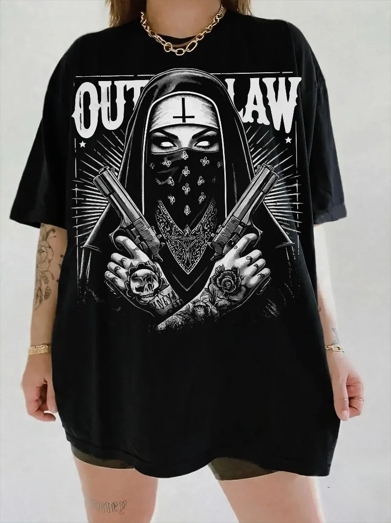 Unholy Nun T-Shirt: Gothic Satanic Halloween Tee Summer Men's and Women's Loose and Breathable T-shirt Top