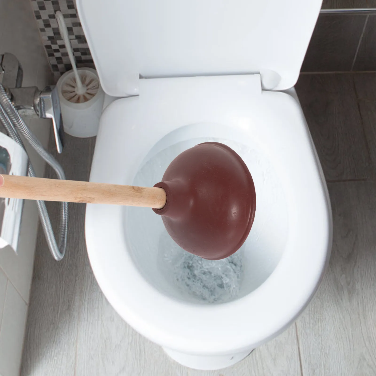 Wooden Handle Toilet Plunger Heavy Duty for Home Bathroom Use Effective Clog Removal Strong Suction Portable Sturdy Wood Rubber