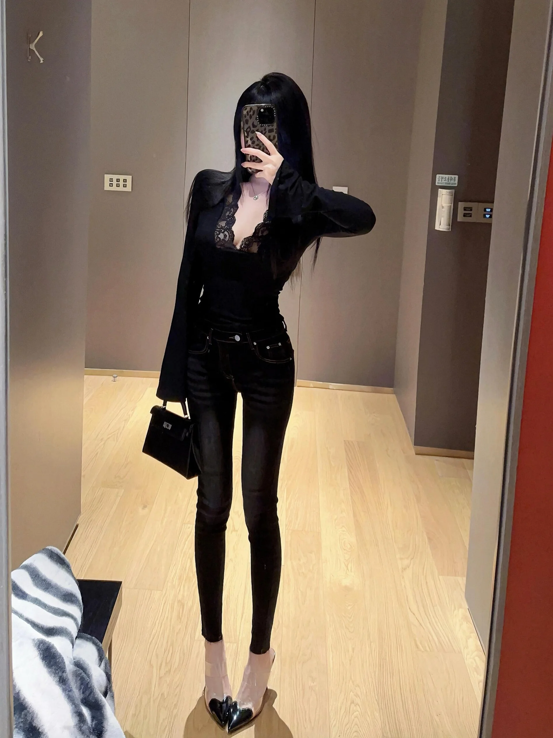 

High Waist Slim Fit Jeans Double Bule Design Plump Hip Versatile Korean Cartoon Leggy Sli Bla Denim Pants for Women