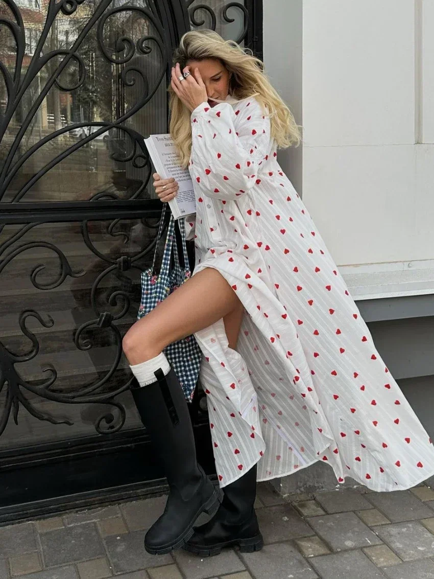 الجاكار القلب طباعة فستان بكم طويل المرأة موضة فضفاضة Vestidos خمر الإناث ألف خط 100% فستان صيفي القطن