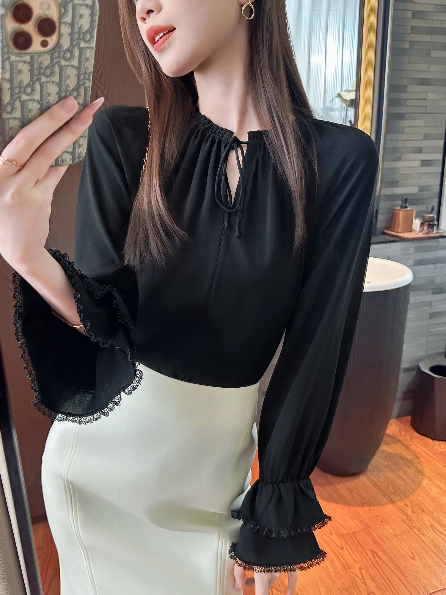 

Bla Lace Trim Flared Sve irt Office Wear Sweet Cool Sensation YOU SEE Uplifting Commute Sle Long Sve Stand Collar