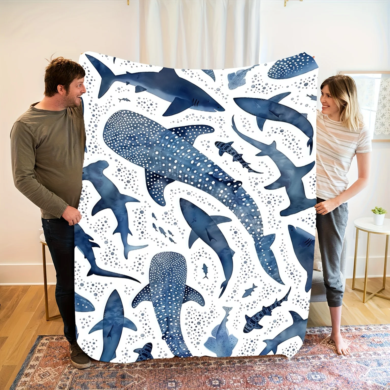 Romantic ocean style whale shark pattern warm blanket children adult nap blanket soft and comfortable suitable for all seasons
