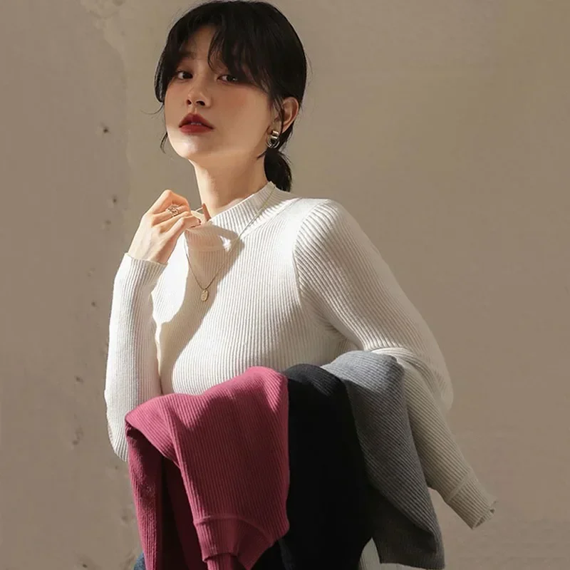 Female Versatile Solid Korean Mock Neck Women Sweater 2026 Autumn Winter Long Sleeve Knit Pullover Simple Elegant Basic Tops