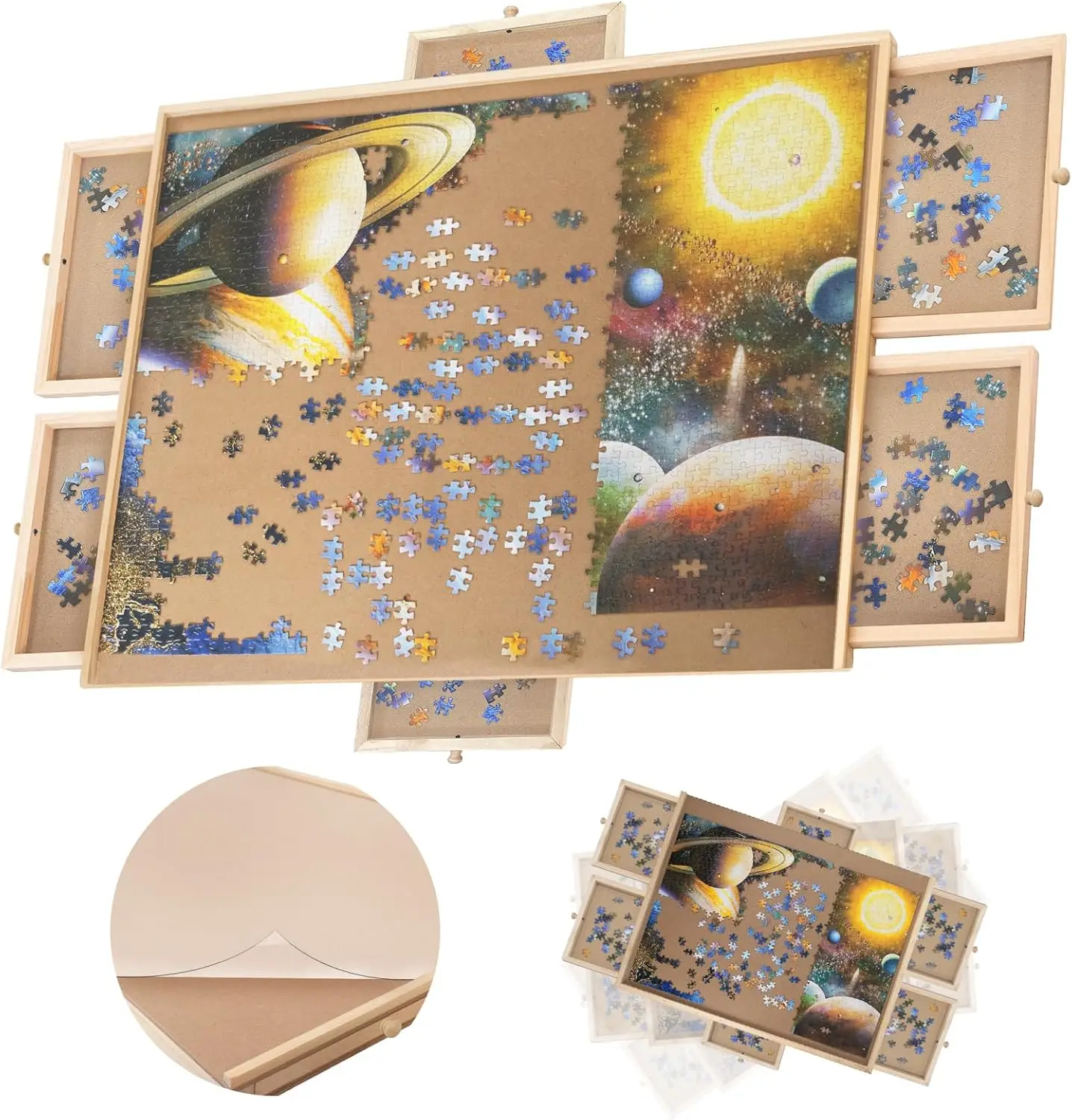 1500 Piece Wooden Jigsaw Puzzle Board, 6 Drawers, Rotating Puzzle Table with Cover - Portable Puzzle Tables for Adults and Kids