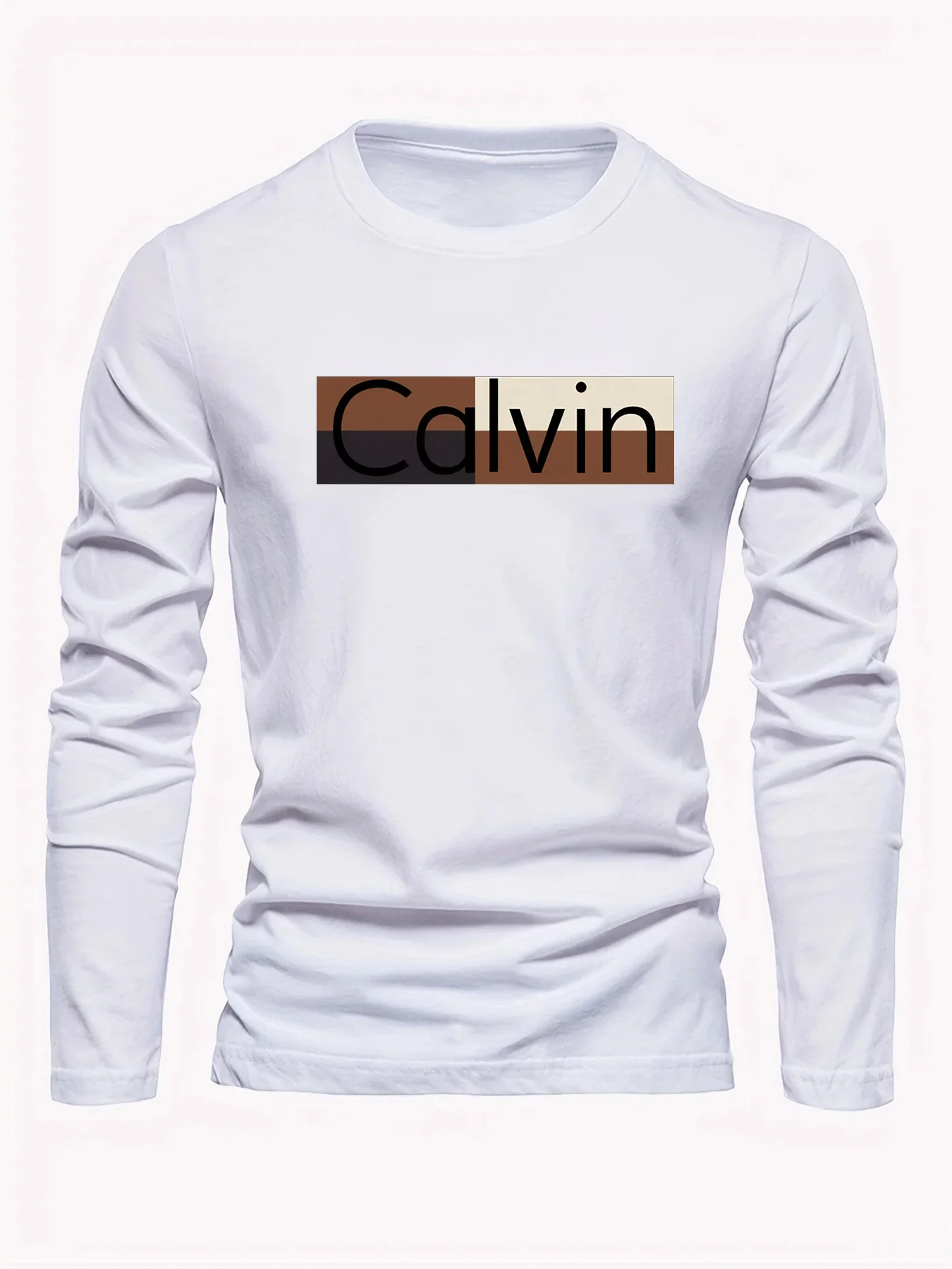 Męska koszulka z długim rękawem, okrągły dekolt, luźny krój, klasyczny wzór z nadrukiem liter, 100% bawełna, jesienno-zimowa, uniwersalna, codzienna.