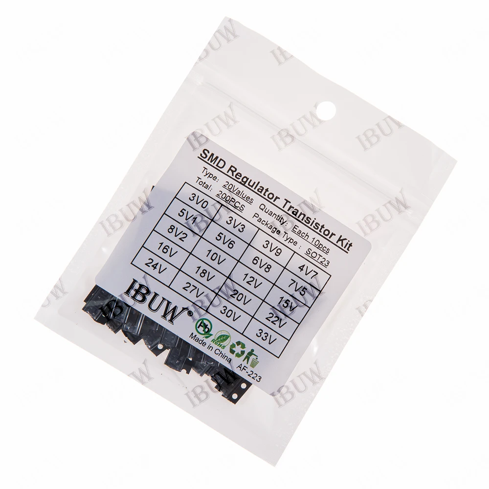 200PCS 20Values SMD Regulator Transistor Kit SOT23 (3V-33V) for Arduino DIY Electronic Voltage Regulation KIT 6V 8V 18V 20V 30V