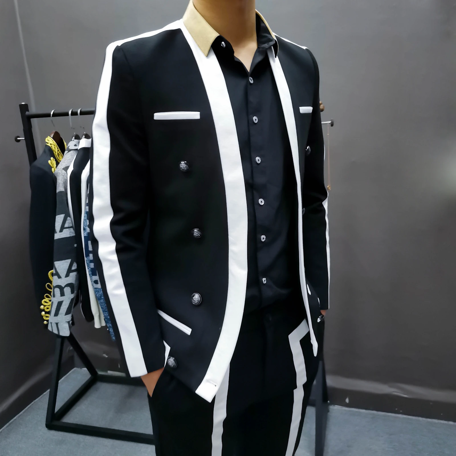 Trajes De Hombre, traje blanco negro a rayas contrastantes, traje De novio De boda para Hombre, traje De escenario ajustado para Hombre, traje De