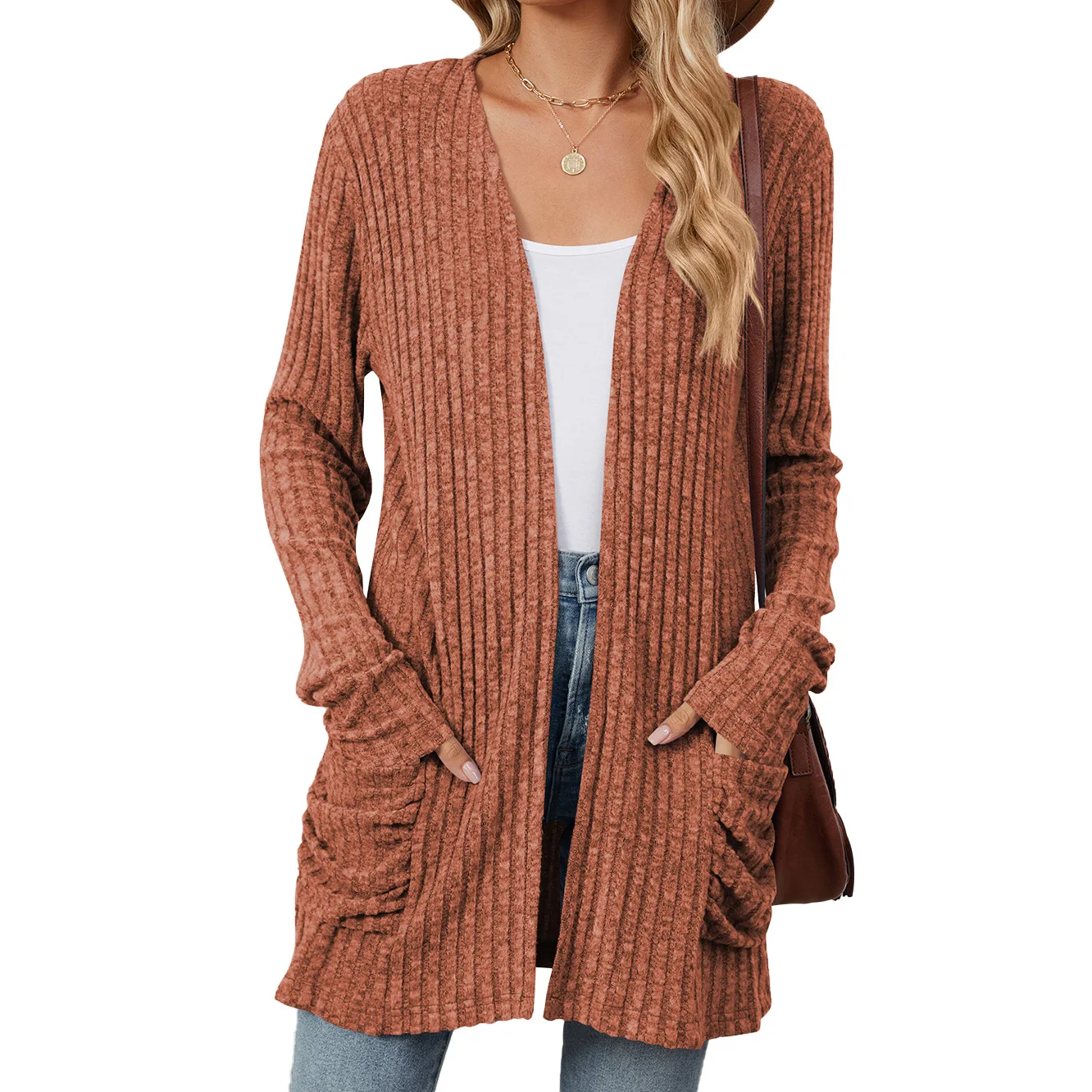 European and American Coats 2025 autumn and winter new solid color pocket long sleeved base cardigan knitted sweater Jackets