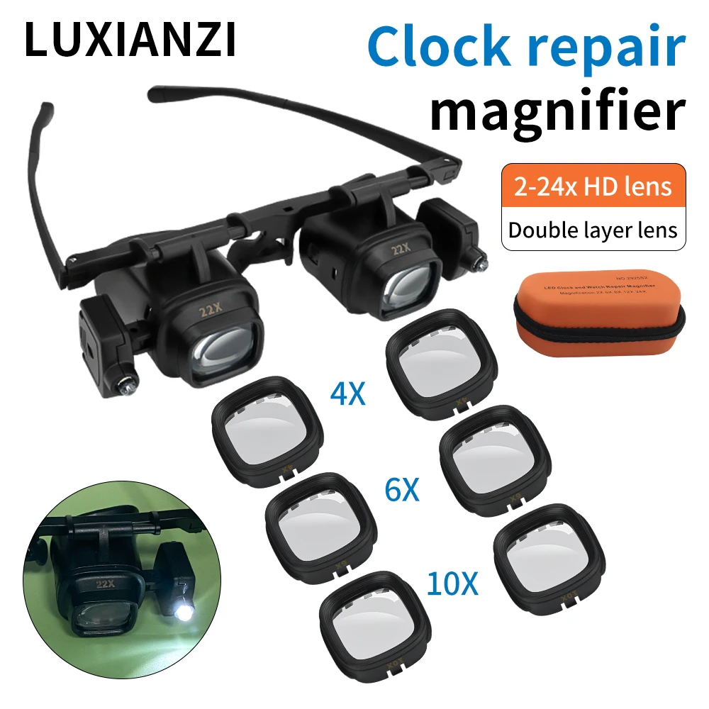 LUXIANZI 24X opaska powiększająca 2X 6X 10X z 2 lupy Led Light do naprawy zegarków jubilerskich lupy lutownicze okulary