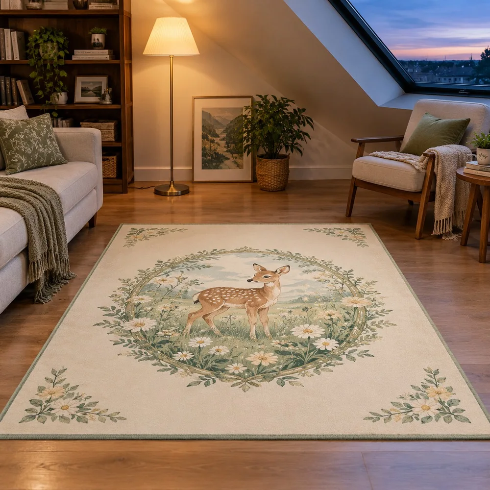 VIKAMA Door Mat Off White Deer Floral Meadow Woodland Animal Cozy Stain Resistant Entryway Sofa Guest Room Sunroom Home Decor