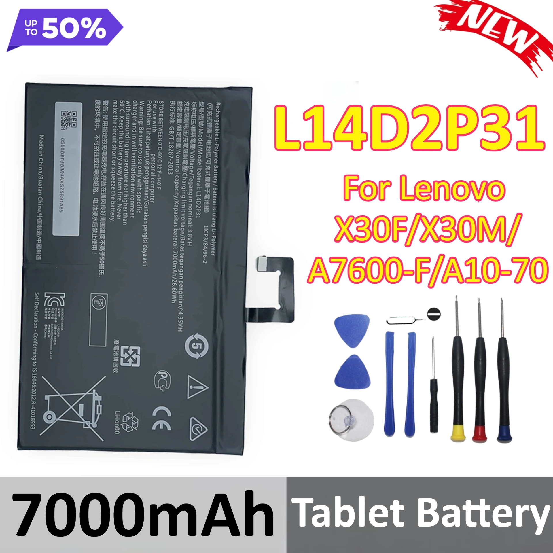 

New 7000mAh L14D2P31 Compatible Battery for Lenovo X30F X30M A7600-F A10-70 Tablet Battery + Tools