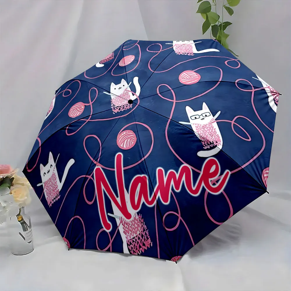Custom Name Adorable Cats Playing with Yarn on a Blue Umbrella Print 8 Iron Ribs Folding Umbrella Auto-Open Fashion Sunshade