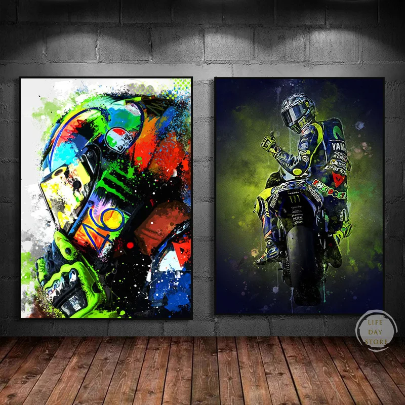 

Настенный постер Valentino Rossies с изображением мотогонщика и принтов, спортивный автомобиль, мотоцикл, картина для гостиной, домашний декор