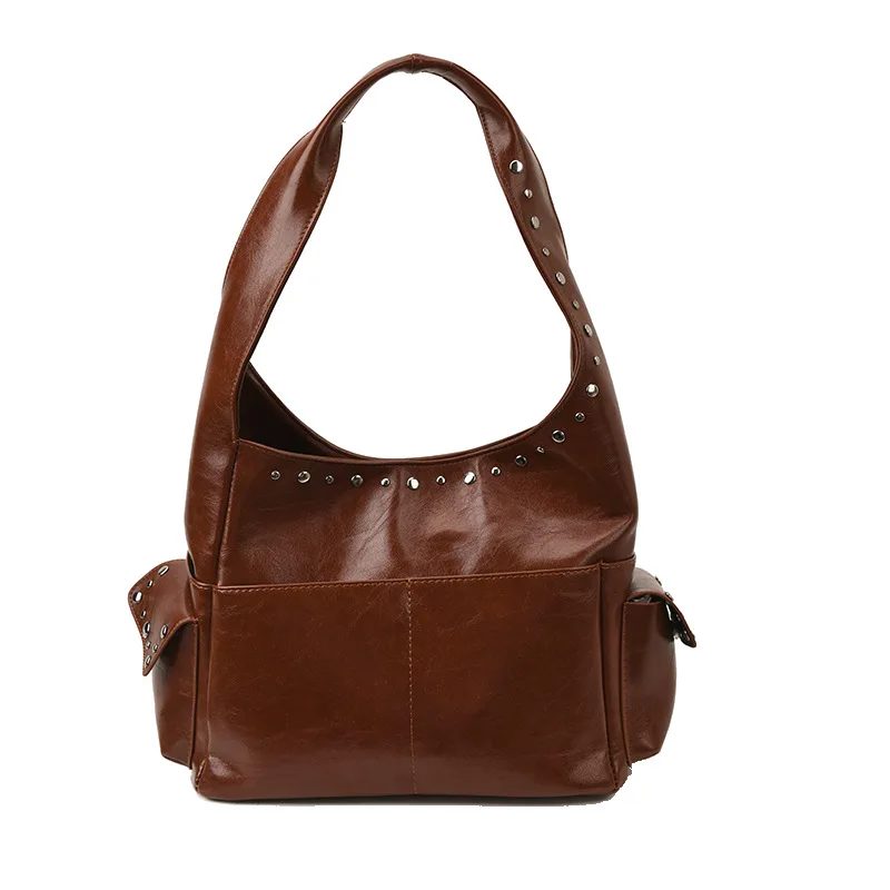 겨울용 스터드 장식 스퀘어 백 넉넉한 여성용 숄더백 빈티지 탑 핸들 토트백 다용도 언더암 백 캐주얼