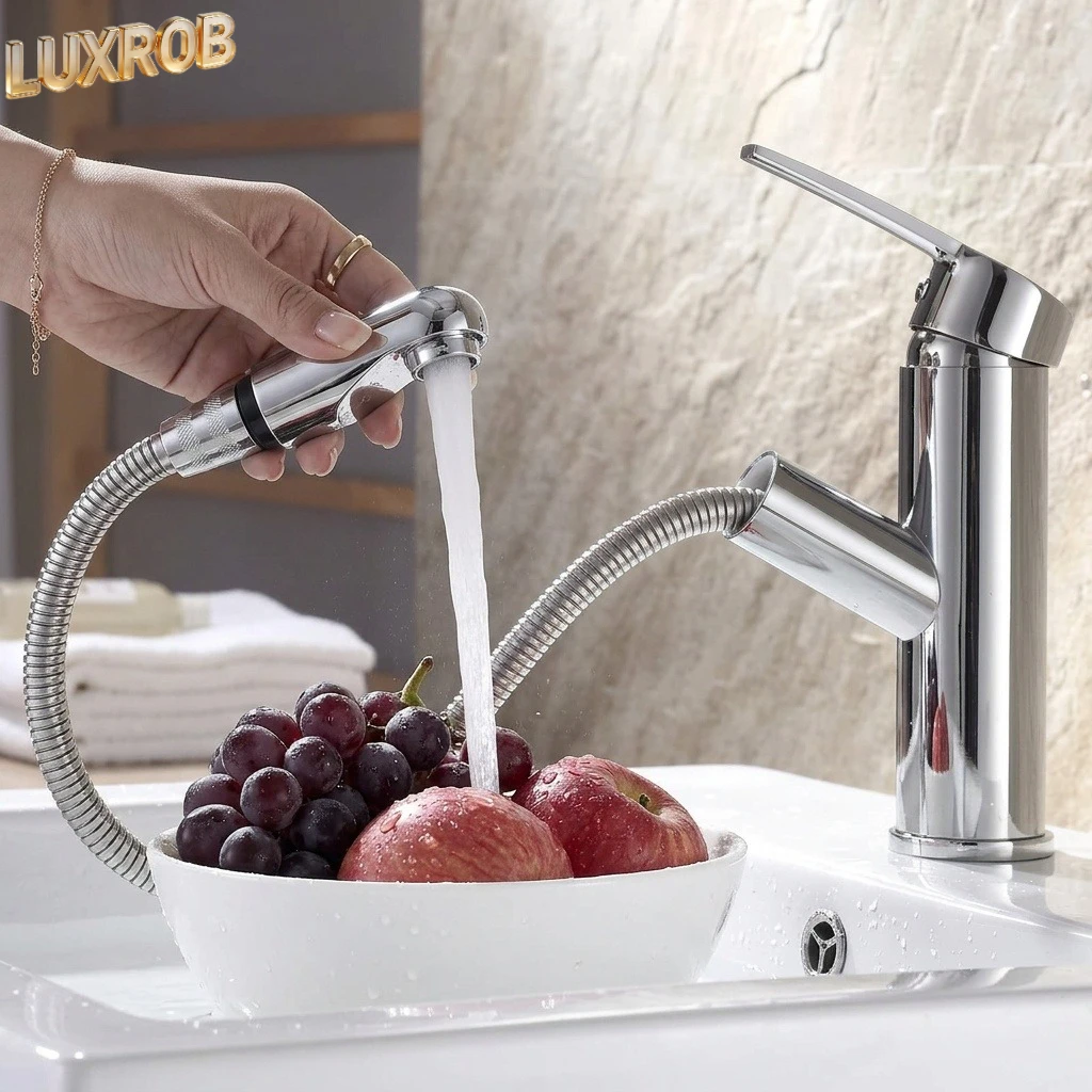 

Pull-out Type Faucet Bathroom Basin Hot and Cold Water Tap Household Countertop Single Handle Faucet Bathroom Accessories