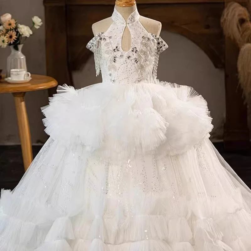 White Princess Dress for Girls Birthday Puffy Tulle Evening Gown Long Cheongsam Performance Pageant Dress Childrens Traditional