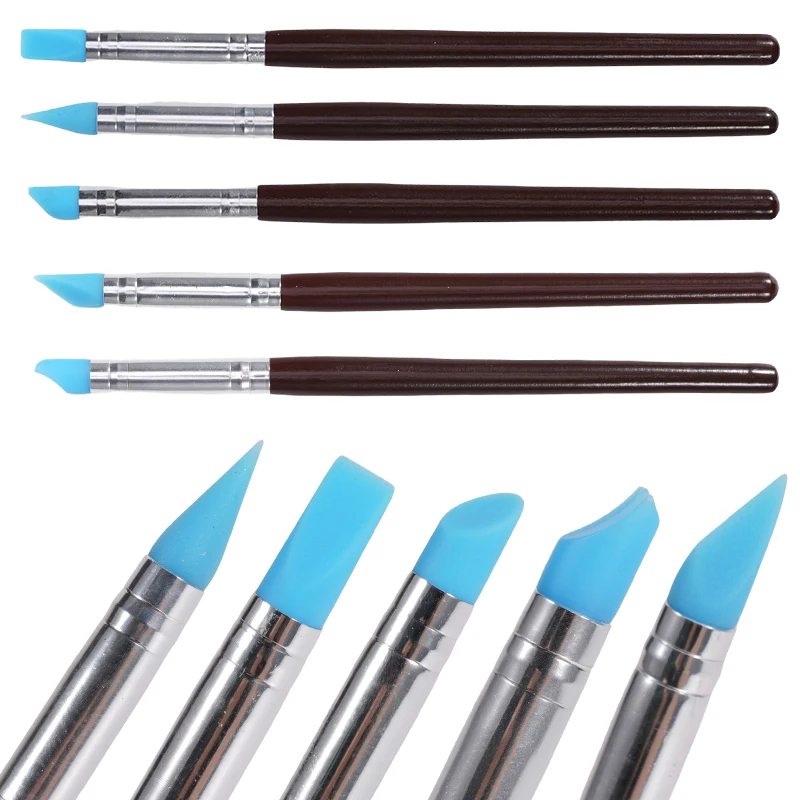 5pc Oral silicone pen, blue brush head, dental cleaning brush, various brush head shapes made of natural wood craftsmanship