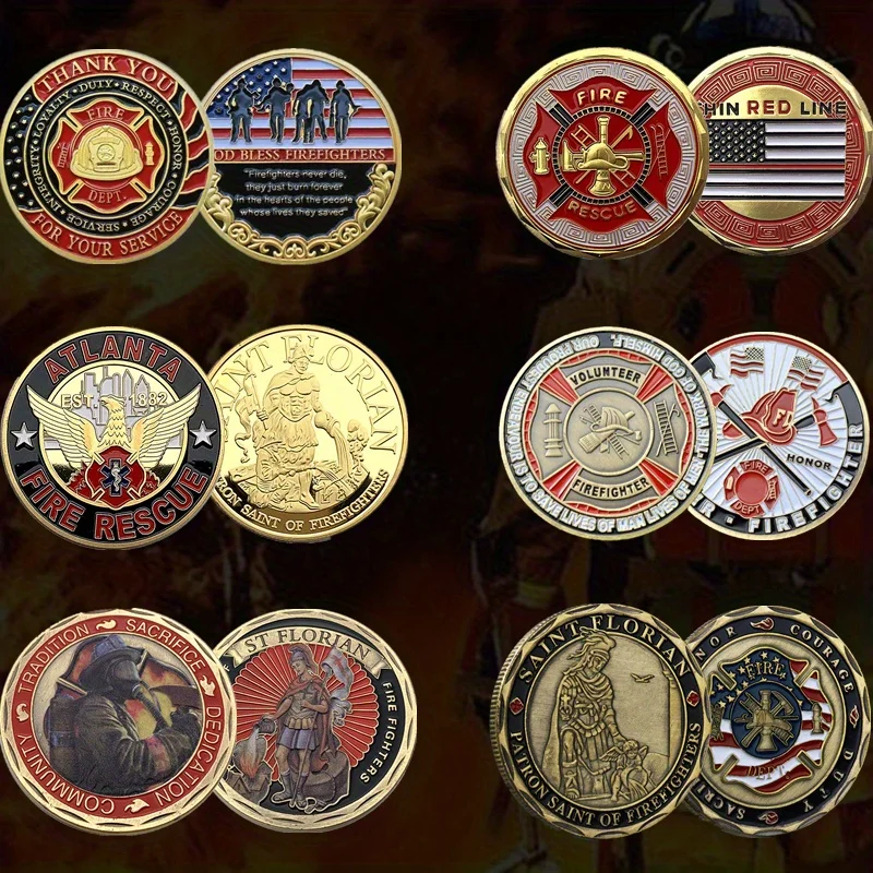 6PCS/set American Flag Firefighter Challenge Coin, Copper Honor Medal, Collection Home Decoration Gift