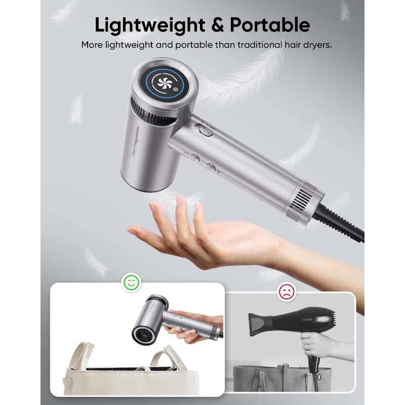 Secador de cabelo com difusor, secagem de alta velocidade de 150.000 rpm, com bico magnético, display HD