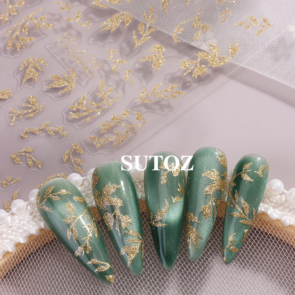 ホットネイルステッカー ホットスタンピング グリッターパウダー ゴールデンブランチ ジェイドリーブス ツリーリーブス 裏面粘着ネイルステッカー