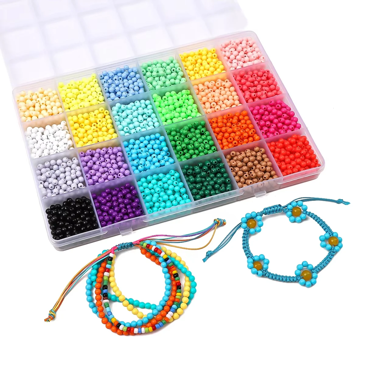 About 3600pcs, 24 grid box, 4mm solid acrylic round beads, loose beads, handmade DIY, making jewelry accessories