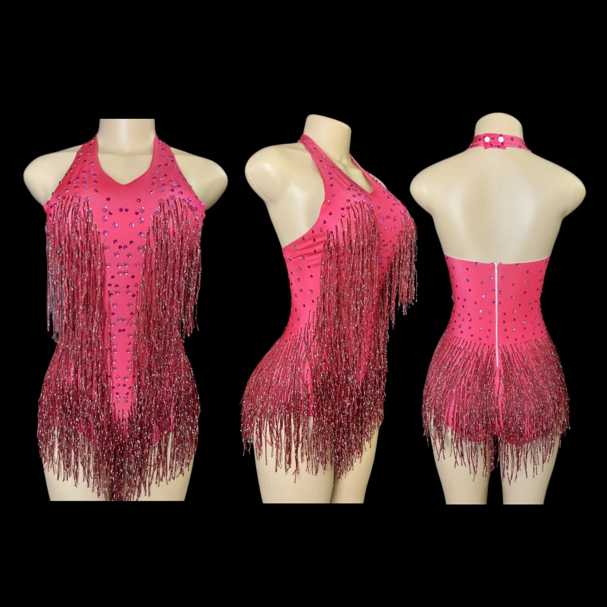 Sparkly Rhinestones Fringe Bodysuit WomenVightclub Party Dance Costume Stage Wear SexyTassel Leotard Performance Clothing 7G