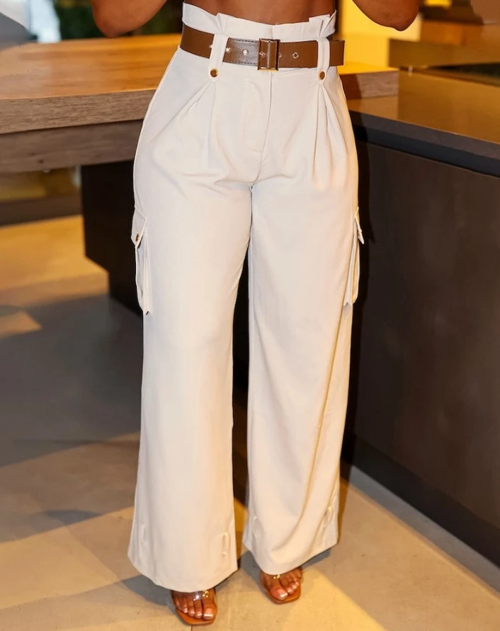 Pantalones largos lisos de cintura alta para mujer, ropa de calle informal con cinturón, diseño de bolsillo con hebilla, Moda de Primavera, Y2K, 2024